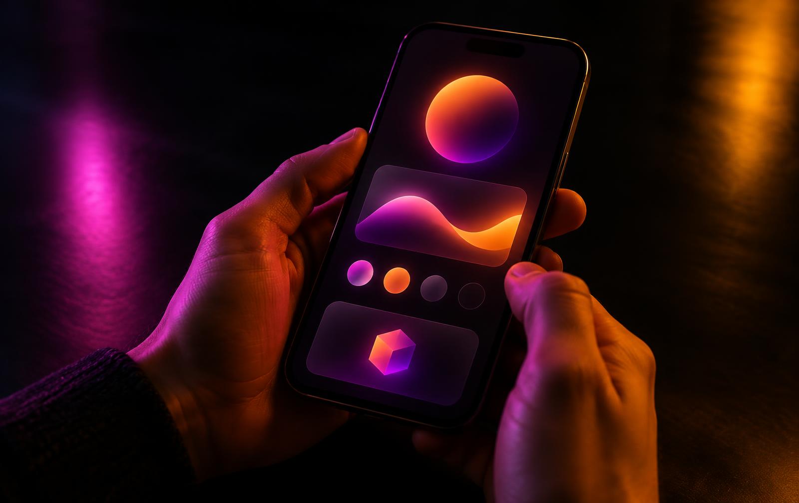 Hands holding a smartphone with a vivid abstract mobile app interface