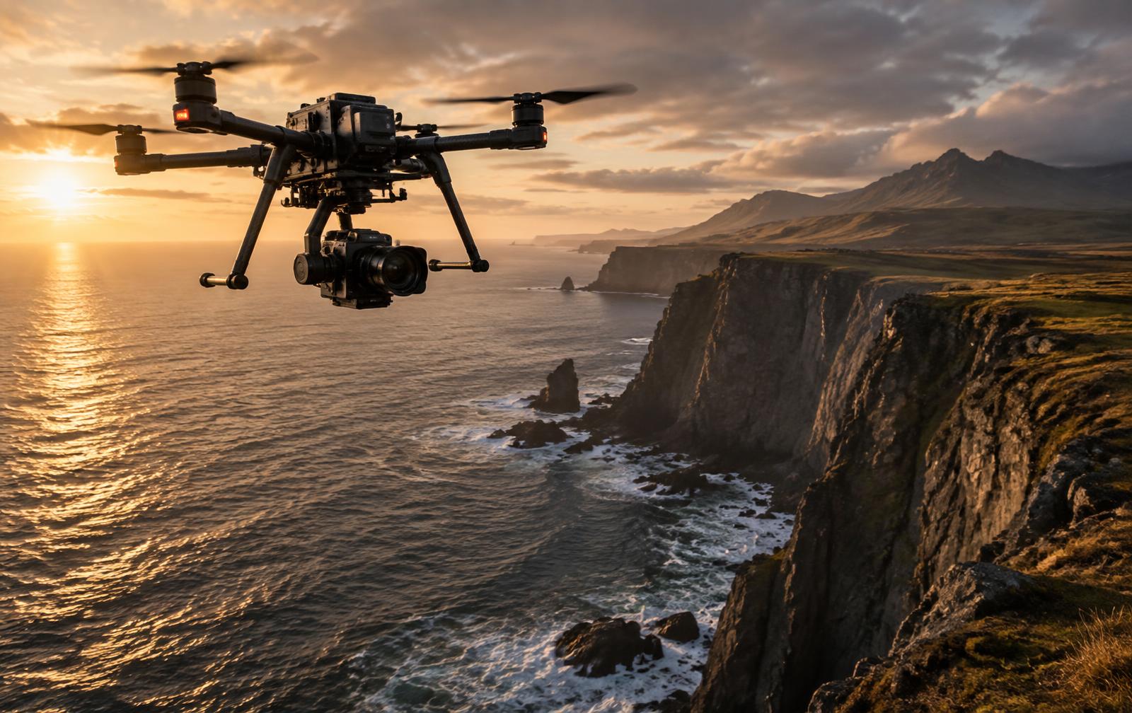 Professional cinema drone filming the dramatic Scottish coastline at golden hour