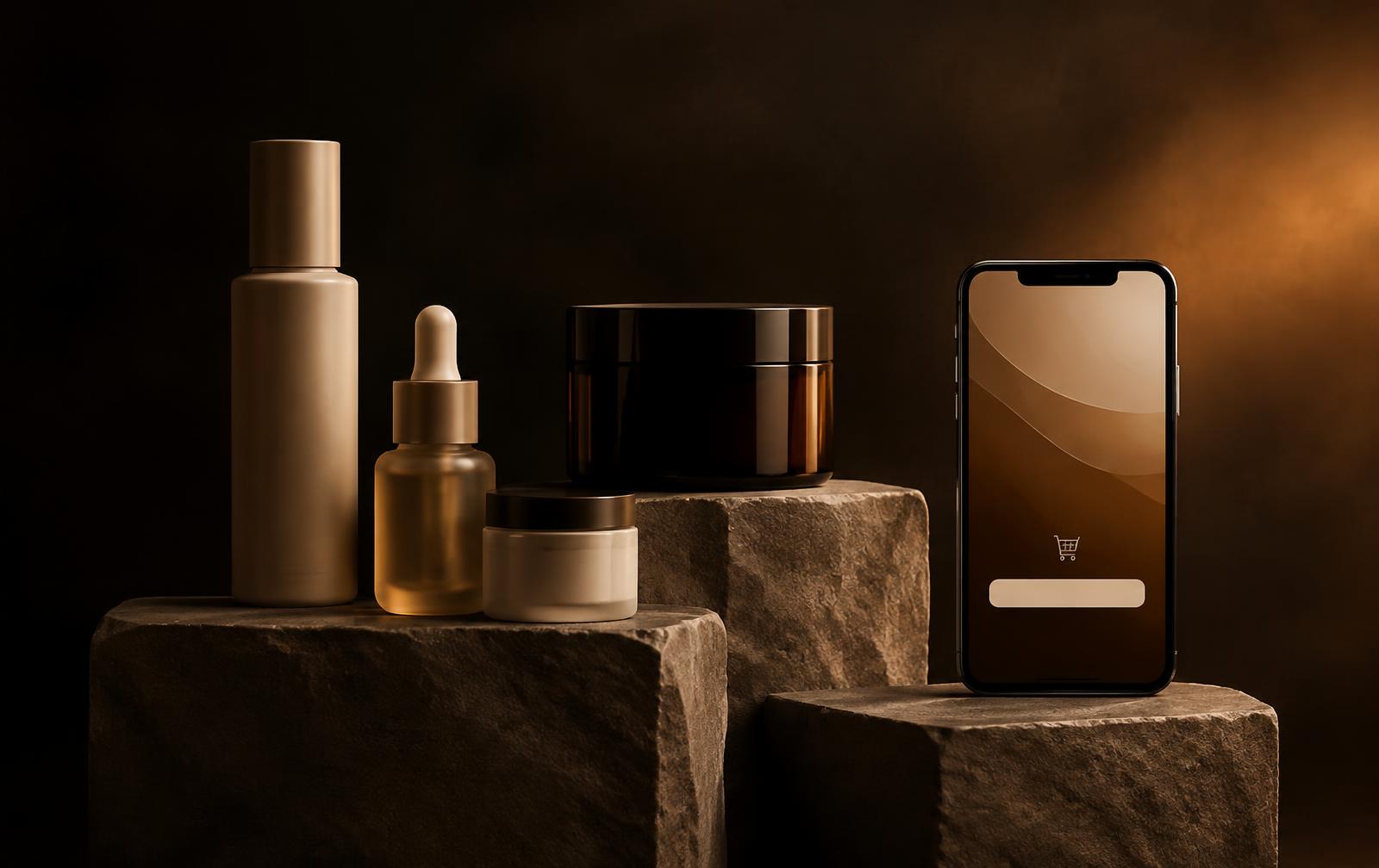 Premium unbranded products beside a smartphone showing an online checkout