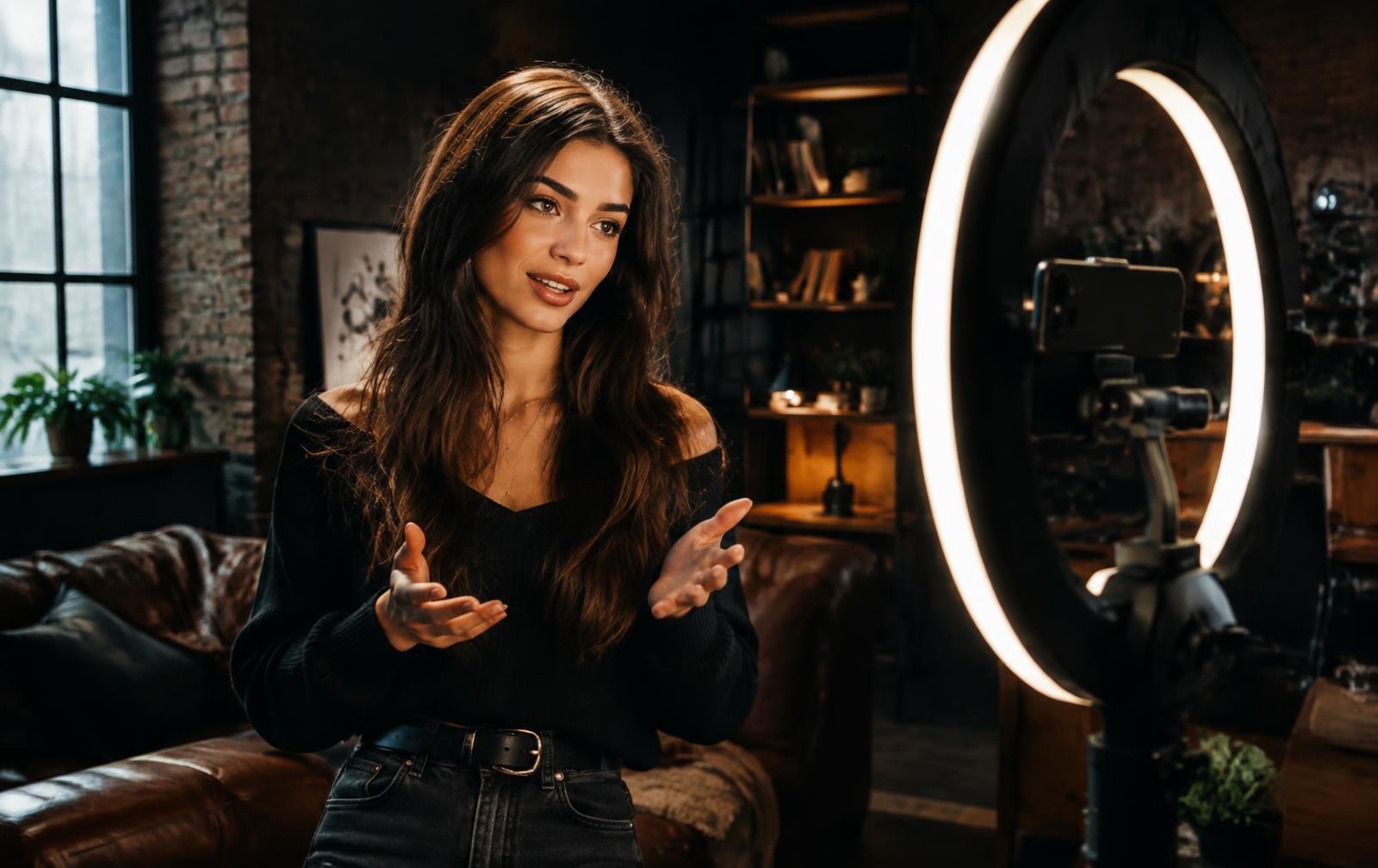 Content creator filming social media video with a ring light in a studio