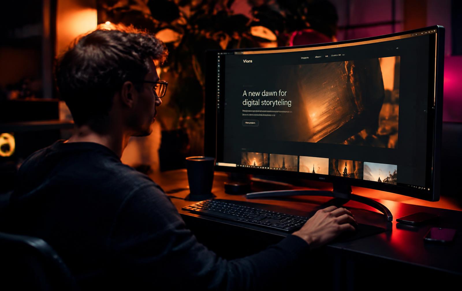 Designer building a premium corporate website in a dark creative studio