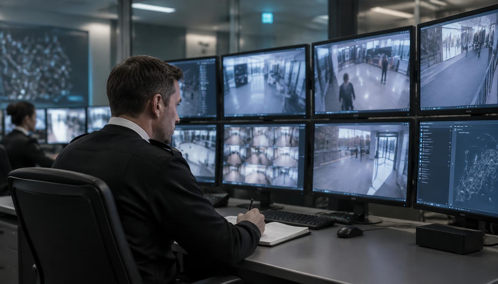 Professional operator actively monitoring a modern CCTV control room