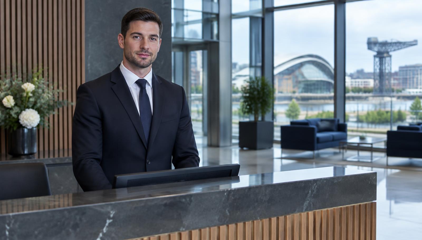 Professional security concierge at a contemporary Glasgow office reception