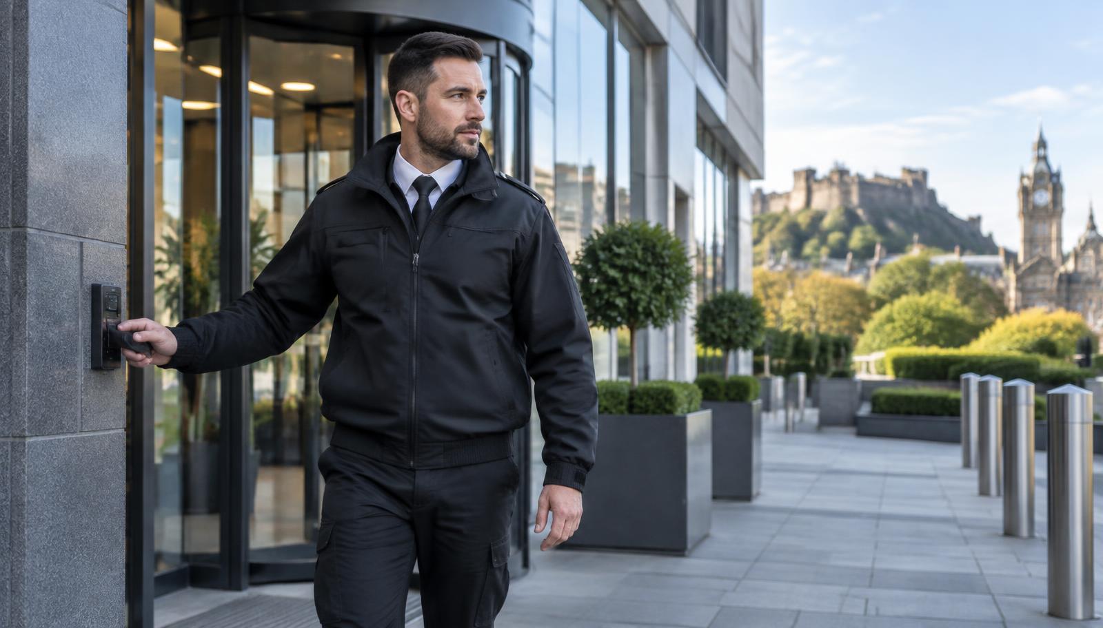 Professional security officer controlling access at a Scottish commercial property