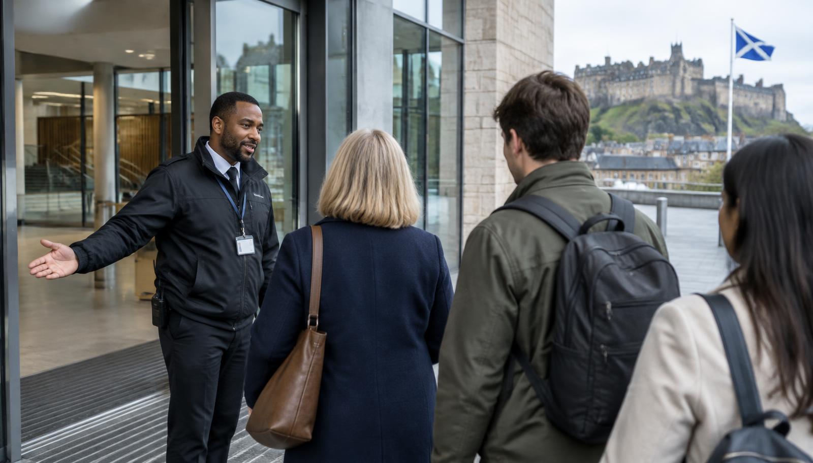 Professional security officer welcoming visitors at a Scottish public building