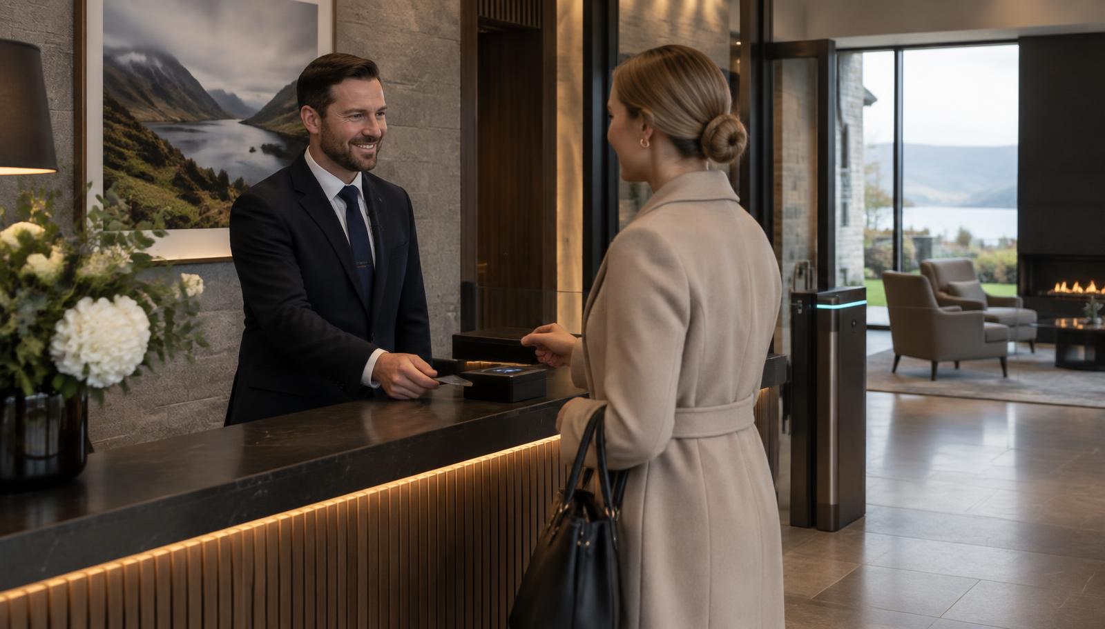 Professional security concierge welcoming a resident in a Scottish development