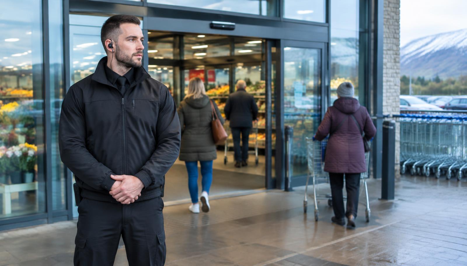 Alert retail security officer at a Scottish supermarket entrance