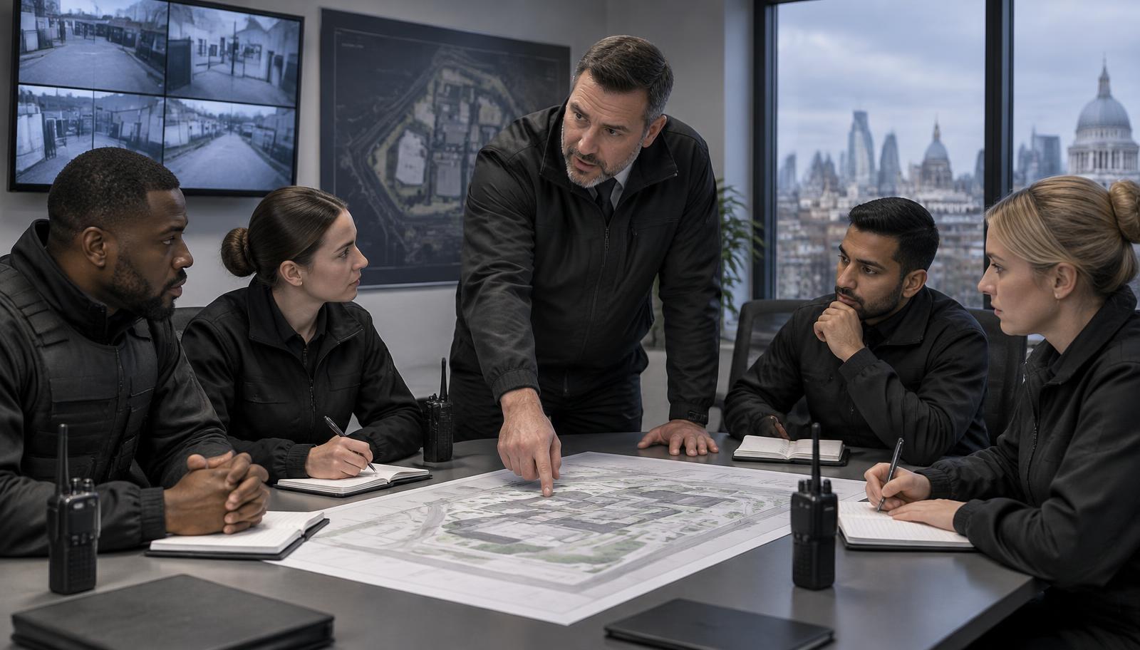Security team receiving assignment briefing around site plans